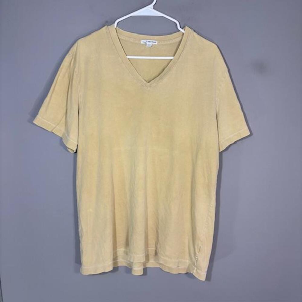 James Perse Shirt Mens XL Beige V-Neck Short Sleeve Tee Distressed Wash Made USA